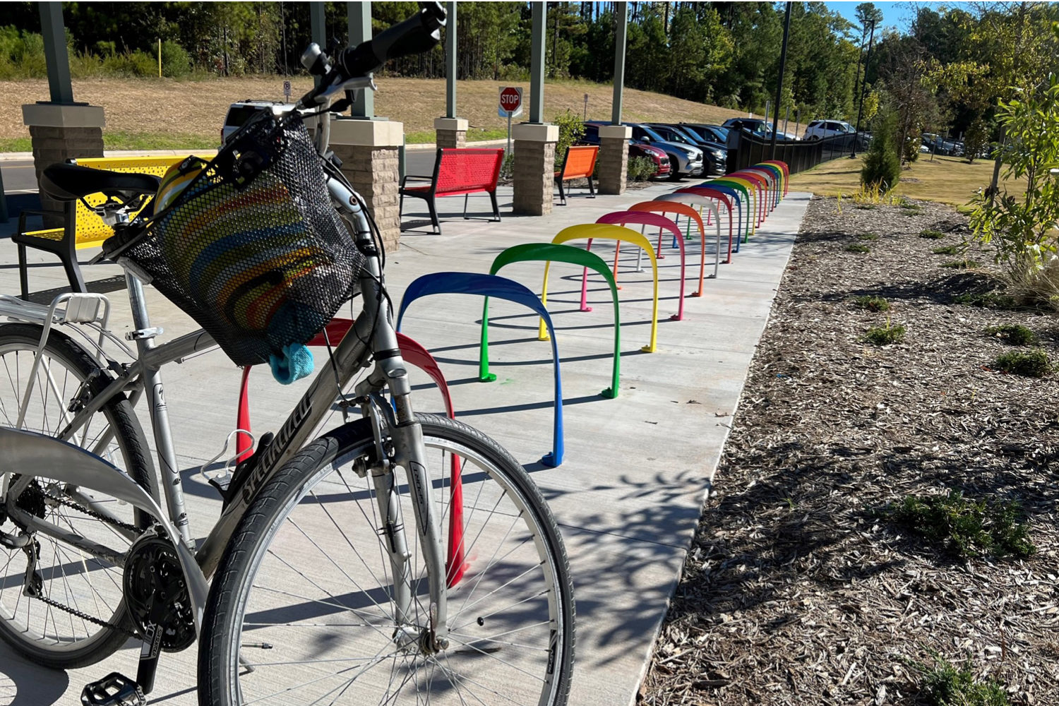 Rainbow painted SC Bike Racks at Lyons Farm Elementary School in Durham NC