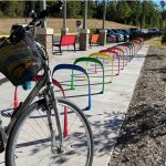 Rainbow painted SC Bike Racks at Lyons Farm Elementary School in Durham NC