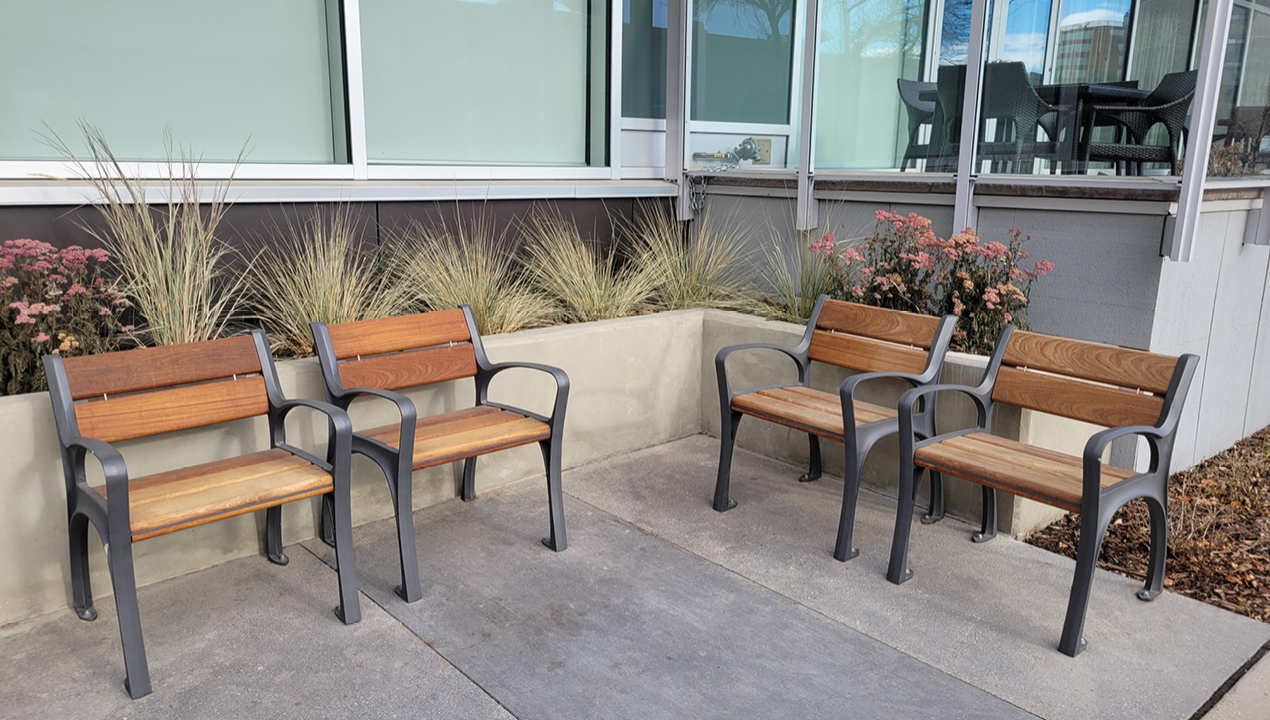 870 Series Chairs, Ipe Wood outside retirement residence