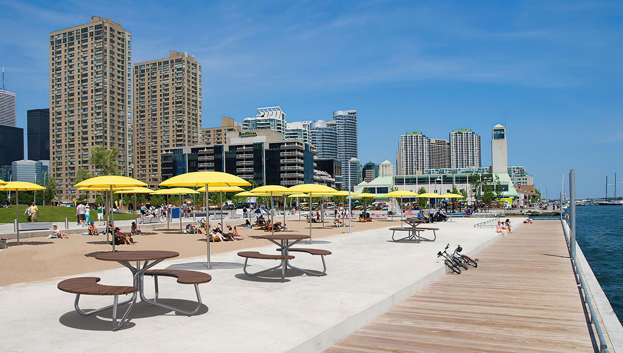 Boardwalk on city beach with wood FAVA Cluster Seating