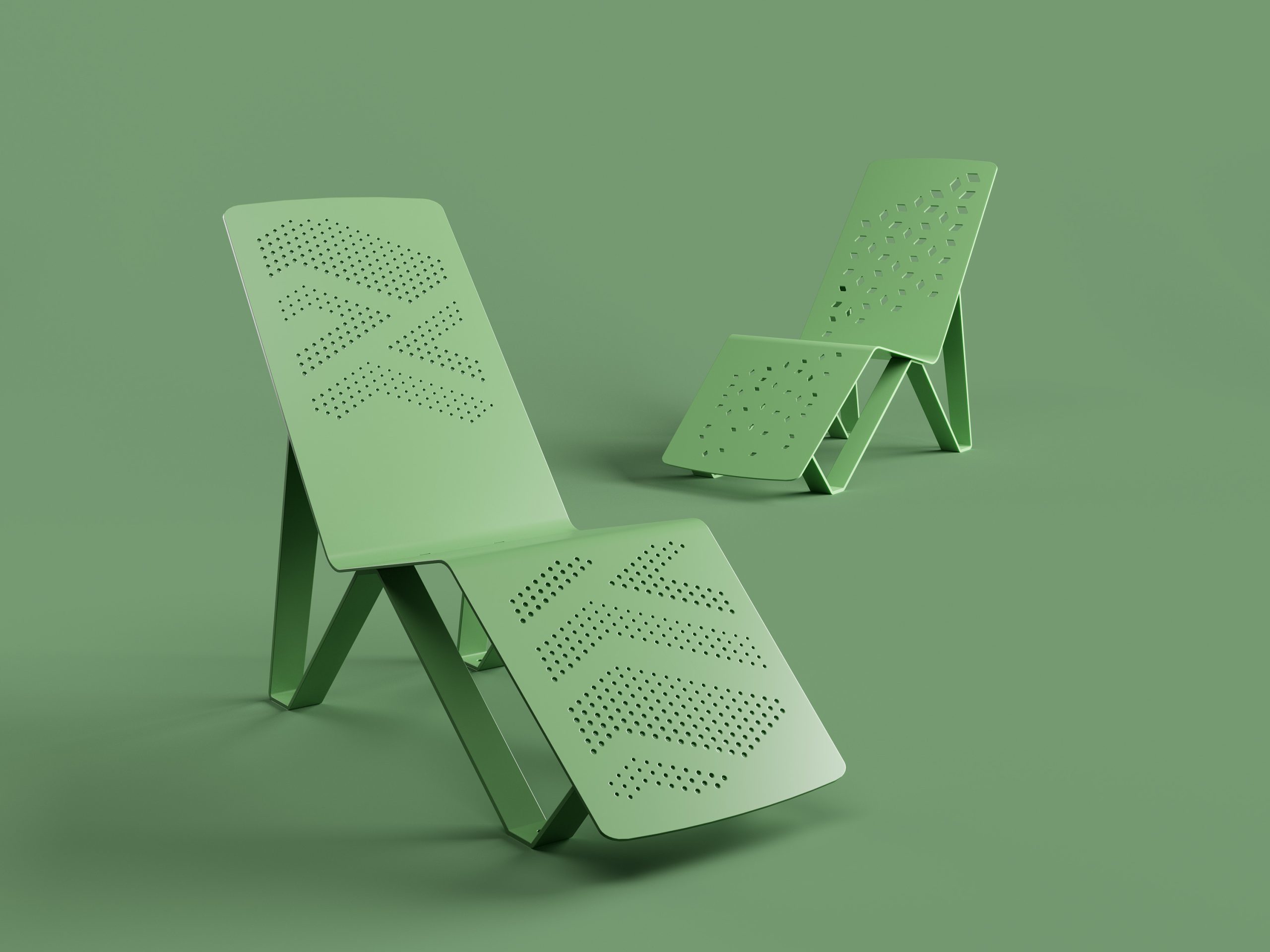 Chaise longue ALUM aux motifs Summit et Fusion sur fond vert