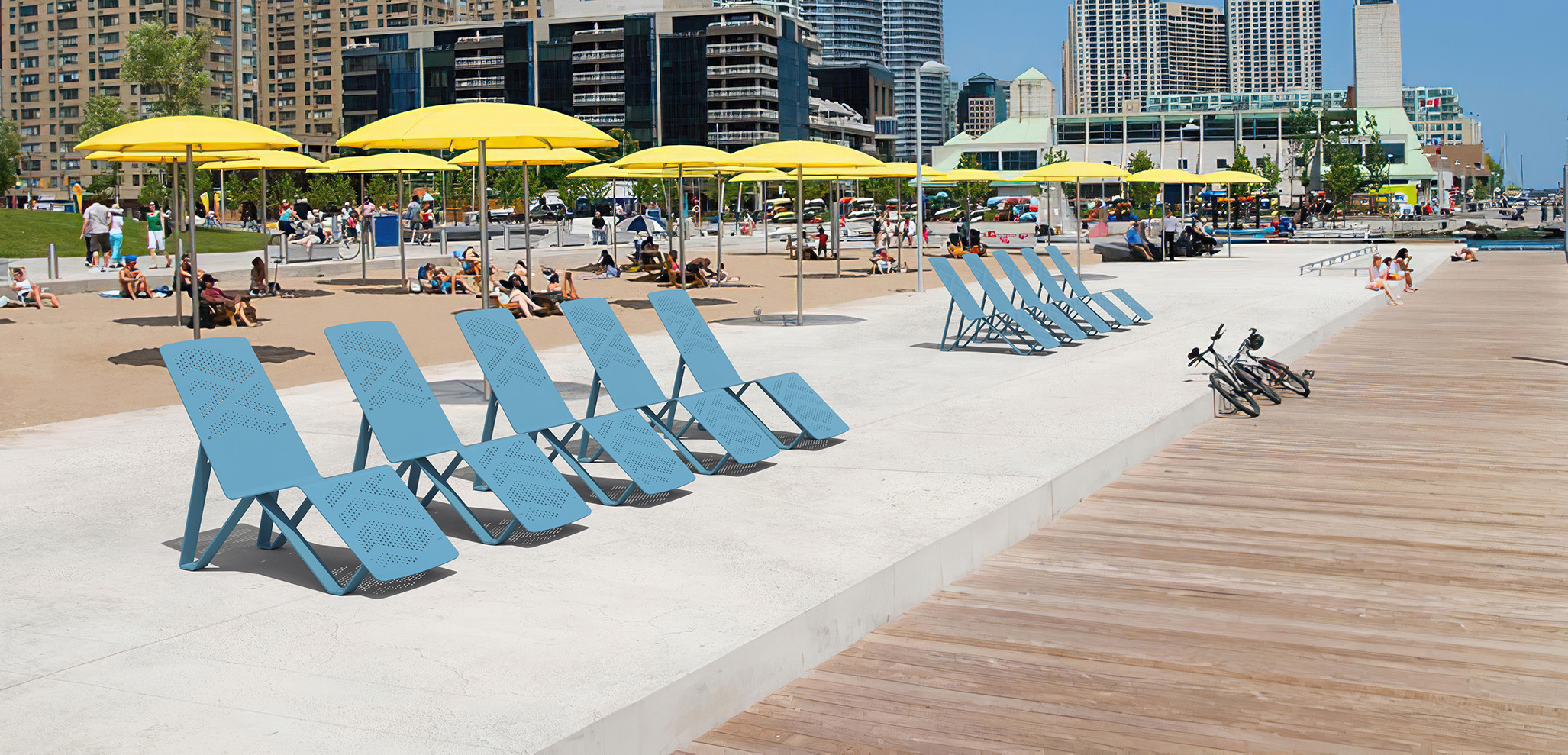 ALUM Chaise Lounge with Paste Blue Powdercoat in beach setting