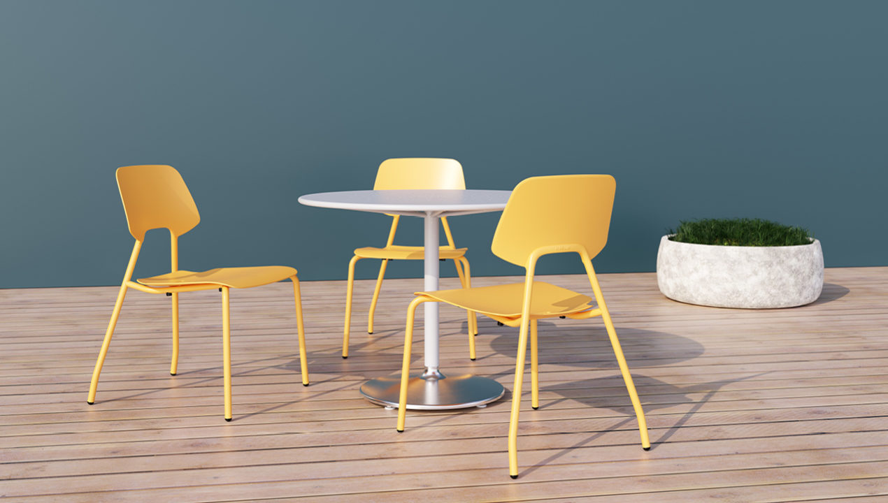 Yellow ARIES chairs with white Battery table on wood planks with planter in background