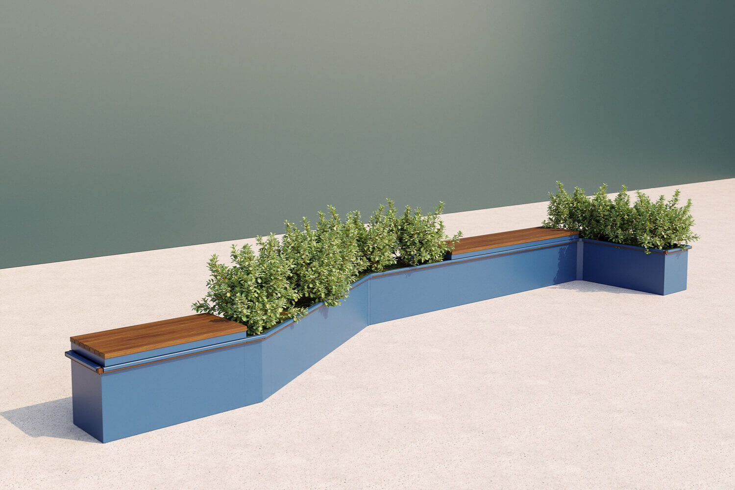 CANOE modular planters with seating, powdercoat blue with plants against green wall