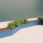 CANOE modular planters with seating, powdercoat blue with plants against green wall