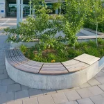 Curved wooden bench with concrete base surrounds a landscaped area with green plants and trees, located on a paved outdoor plaza near a building entrance.