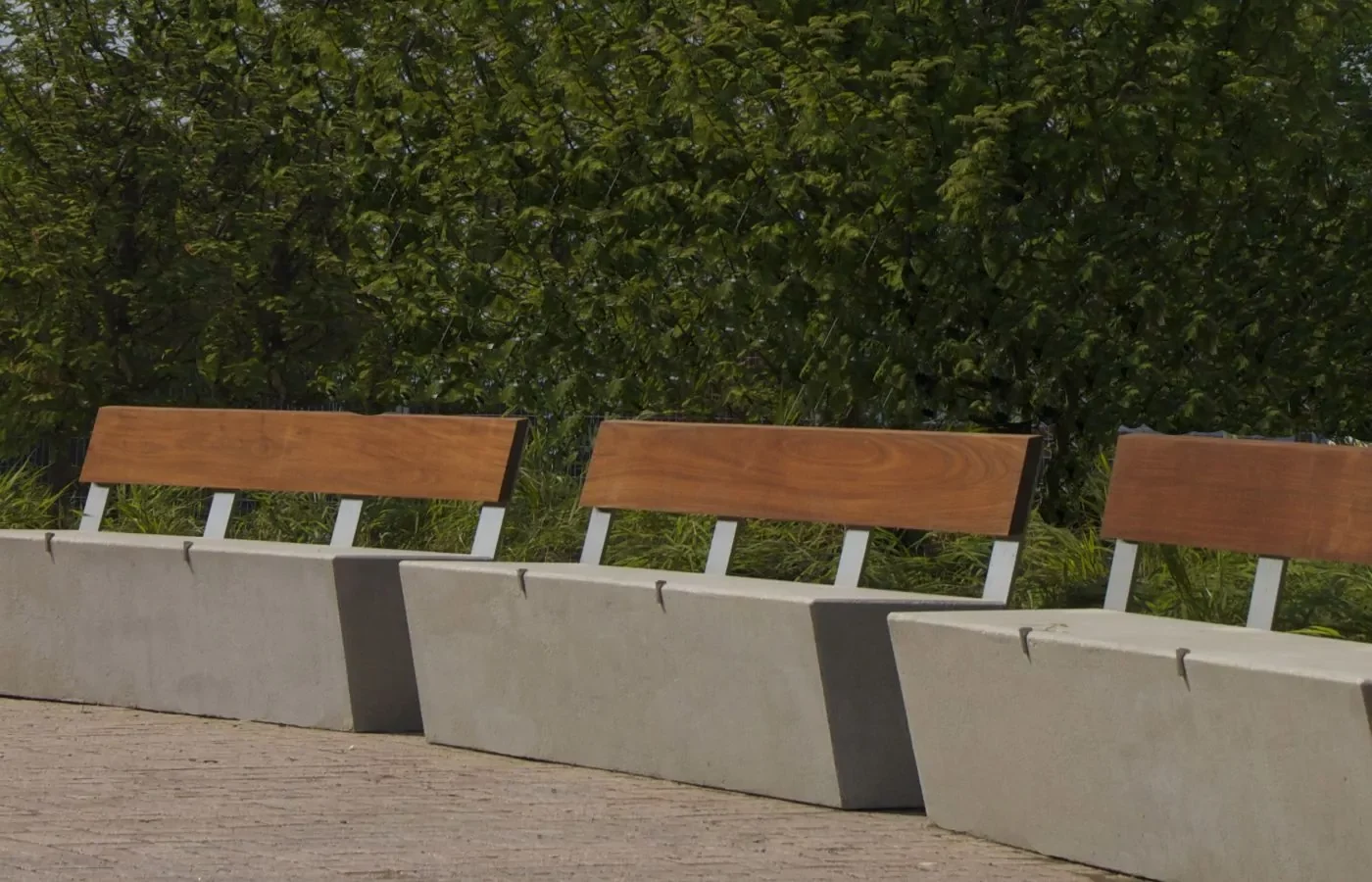 Three modern benches with wooden backs and concrete bases are arranged along a paved walkway with green foliage in the background.