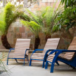 Maglin 720 Chairs seated next to palm trees on CSUSM patio
