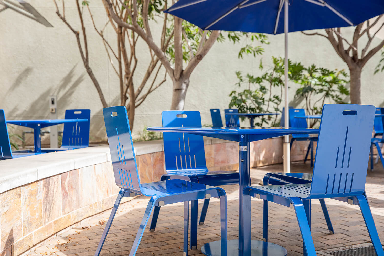Maglin ALUM Cafe Chairs with Foro tables painted bright blue on CSUSM patio