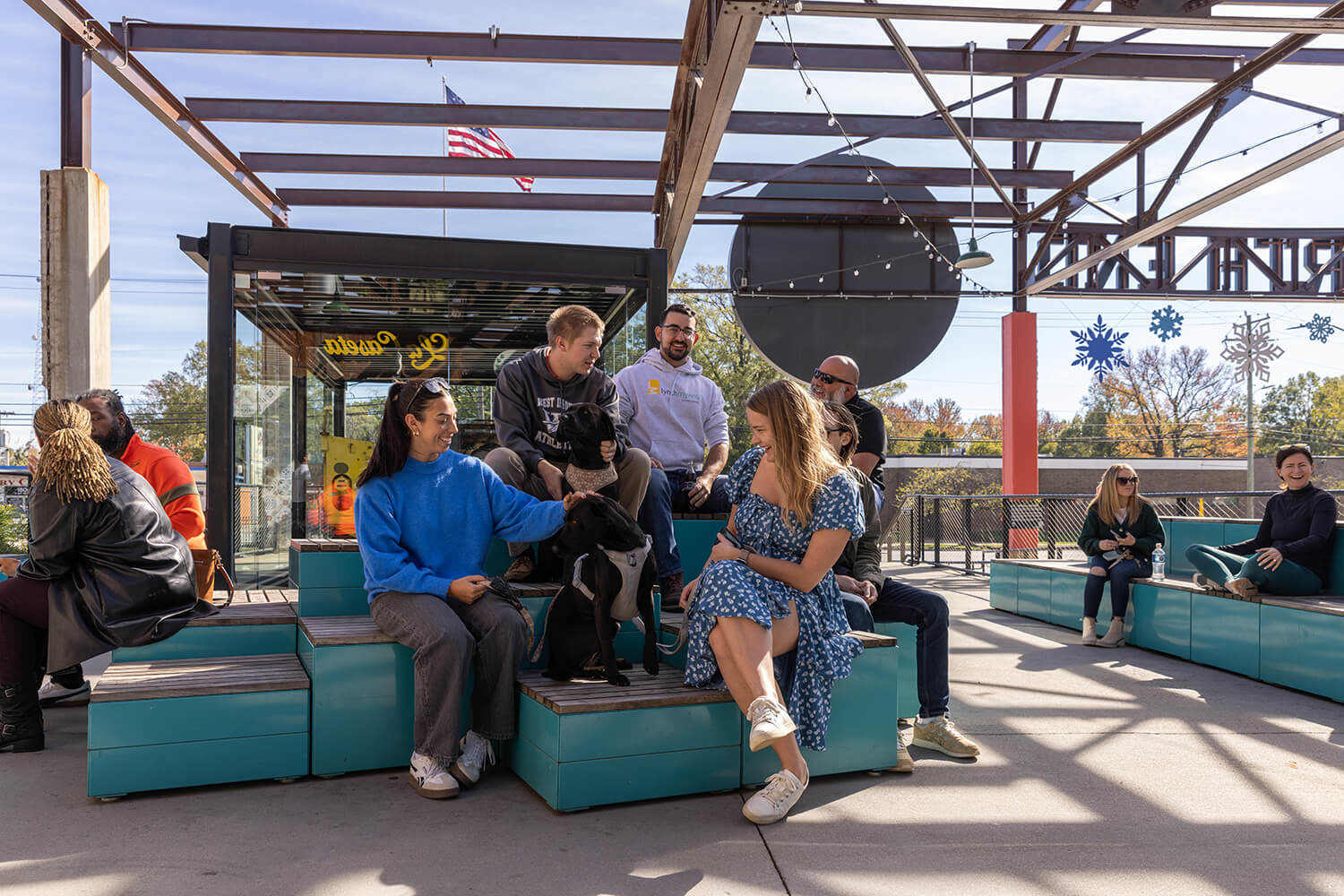 People gathering on Maglin Pixel blocks at Camp North End