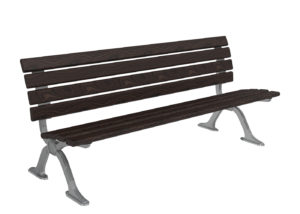 A dark wooden park bench with four horizontal slats and metal legs, shown on a white background.