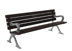 Banc de parc en bois noir avec accoudoirs et pieds en métal argenté, isolé sur fond blanc.