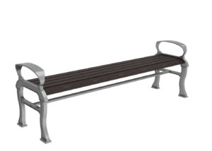 A metal and wood bench with curved armrests and four sturdy legs, shown on a white background.
