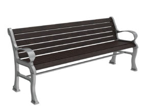 A metal and dark wood park bench with armrests and a slatted seat and backrest, shown against a white background.