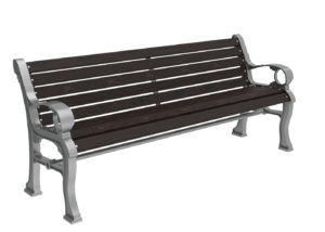A metal-framed bench with dark wooden slats on the seat and backrest, featuring decorative curved armrests and sturdy legs, isolated on a white background.