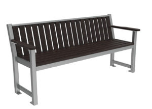 A dark wooden slat bench with metal frame and armrests, shown on a white background.