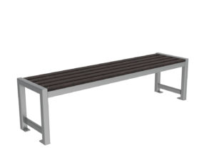 A rectangular bench with a silver metal frame and dark wooden slats, shown on a white background.