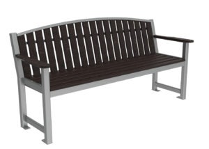 A metal-frame bench with dark wooden slats, armrests, and a slightly curved backrest, shown on a white background.