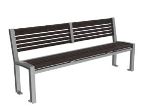 A modern bench with a metal frame and dark wooden slats for seating and backrest, set against a white background.