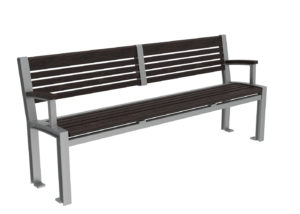 A metal-framed bench with dark wooden slats on the seat and backrest, featuring armrests on both sides, against a white background.