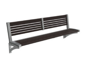 Wall-mounted bench with a metal frame and dark wooden slats for the seat and backrest, designed for indoor or outdoor use.