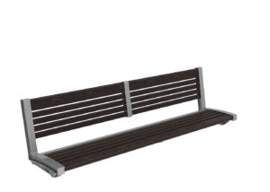 A modern outdoor bench with a metal frame and dark wooden slats for seating and backrest, shown on a white background.