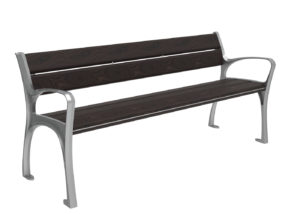 A metal bench with dark wooden slats for the seat and backrest, featuring armrests and a simple, modern design.