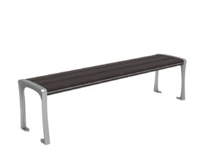 A modern bench with a dark wooden seat and metal legs, designed without a backrest, photographed on a white background.