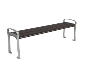 A modern bench with a dark wooden seat and silver metal frame, featuring curved armrests at both ends, shown against a plain white background.