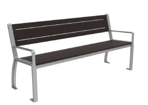 A metal-framed bench with dark wooden slats for the seat and backrest, featuring armrests on both sides, shown against a white background.