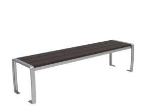 A modern bench with a metal frame and dark wooden slats, featuring minimalist design and no backrest, shown on a white background.