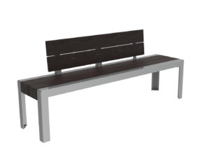 A modern bench with a metal frame and dark wooden seat and backrest, viewed against a plain white background.