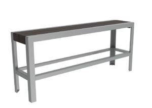 A rectangular bench with a metal frame and a dark wooden seat, featuring clean, modern lines and an open base.