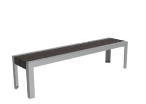 A minimalist bench with a metal frame and two dark wooden planks for seating, shown against a white background.