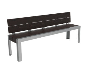 A bench with a metal frame and dark wooden slats for the seat and backrest, shown against a plain white background.