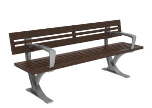 Banc d'extérieur moderne avec une assise et un dossier en bois, des accoudoirs en métal et un cadre en métal, isolé sur un fond blanc.