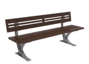 Banc d'extérieur moderne avec une assise et un dossier en lattes de bois, soutenu par des pieds et un cadre en métal, isolé sur un fond blanc.