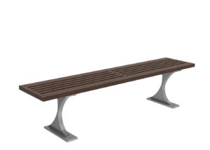 A modern wooden bench with a slatted seat and metal legs, viewed from a slight angle against a white background.