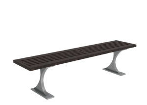A modern outdoor bench with a dark wooden slatted seat and silver metal legs, shown against a plain white background.