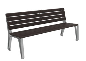 A modern bench with dark wooden slats and silver metal legs, shown against a plain white background.