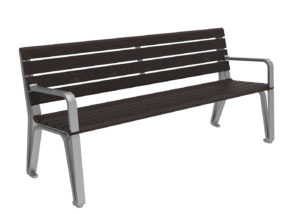 A metal and dark wood park bench with armrests, shown against a white background.