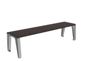 A simple bench with a dark wooden slatted seat and silver metal legs, photographed against a white background.