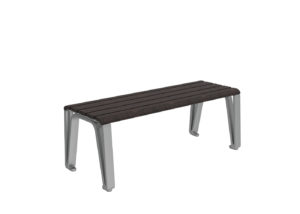 A bench with a dark wooden slatted seat and four metal legs, photographed against a white background.