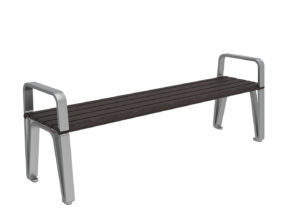 A modern outdoor bench with a dark wooden slatted seat and silver metal legs and armrests, shown on a white background.