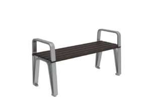A modern outdoor bench with a dark wooden seat and silver metal frame, featuring armrests and legs angled outward.