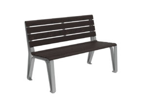 A bench with a dark wooden slatted seat and backrest, and metal legs, shown against a plain white background.