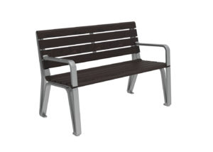 A modern bench with dark wooden slats and silver metal armrests and legs, placed against a white background.