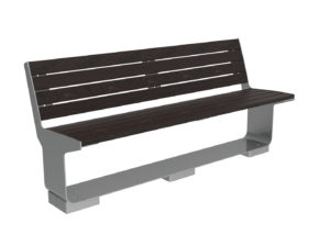 A modern outdoor bench with dark wooden slats for the seat and backrest, supported by a sleek, silver metal frame.