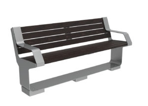 A modern outdoor bench with dark wooden slats and silver metal armrests and frame, shown on a plain white background.