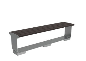 A modern bench with a dark wooden slatted seat and metallic legs, shown against a plain white background.
